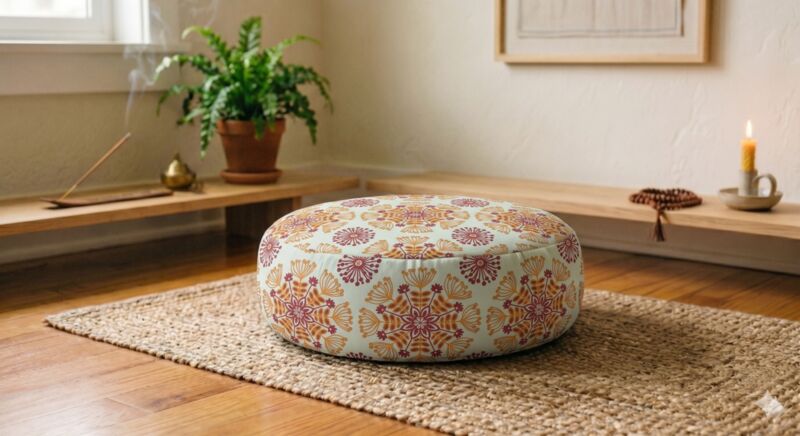 Bagh Medallion round meditation cushion in cream with a marigold folk medallion print, on a jute rug