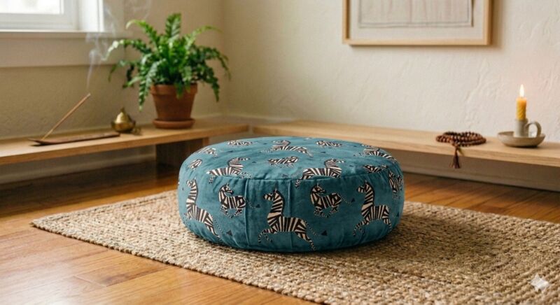 Dancing Zebra round meditation cushion in deep teal with hand-screened zebra motifs, on a jute rug