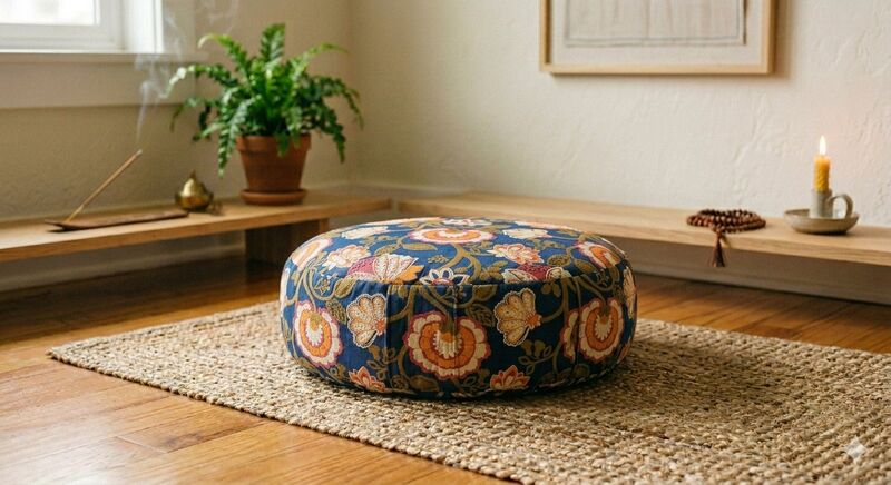 Indigo Bloom round meditation cushion with hand-block-printed marigolds on deep indigo, on a jute rug