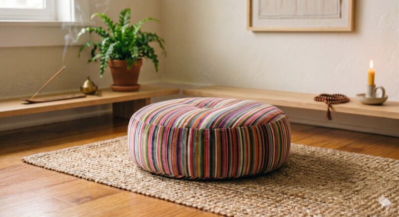 Mashru Stripe round meditation cushion in magenta, mustard, cream and pine stripes on a jute rug